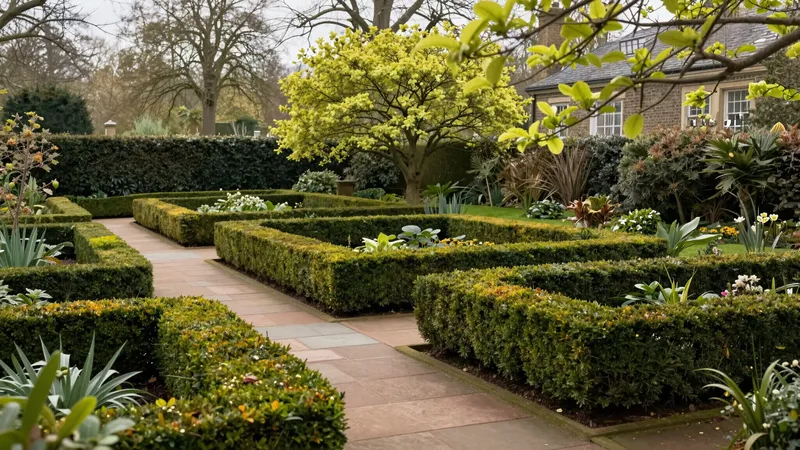 Clipped boxwood parterres and a straight stone path frame the approach to the house in Haddonfield, New Jersey.