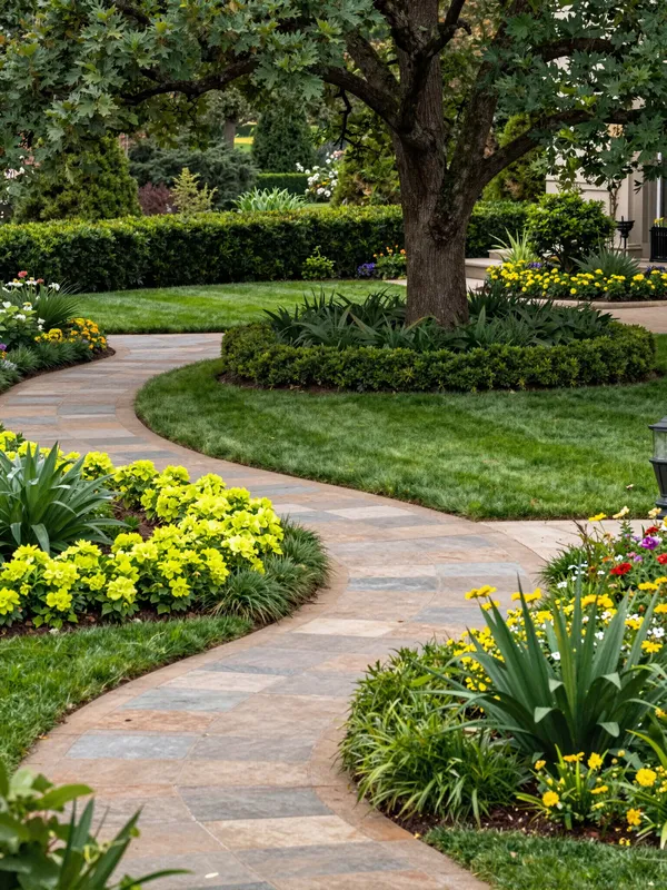 A curved walk through layered perennial plantings beneath a mature tree in Voorhees, New Jersey.